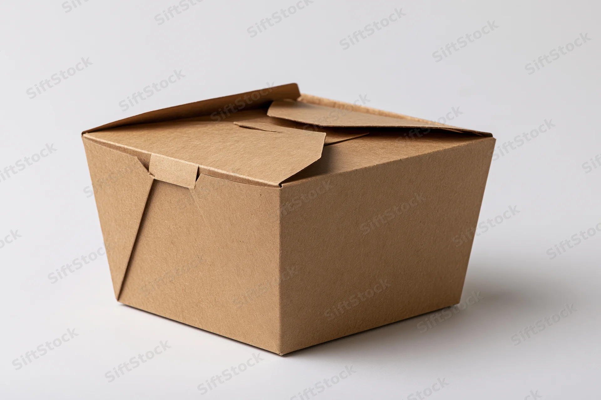 Open empty kraft cardboard takeout food box on white background