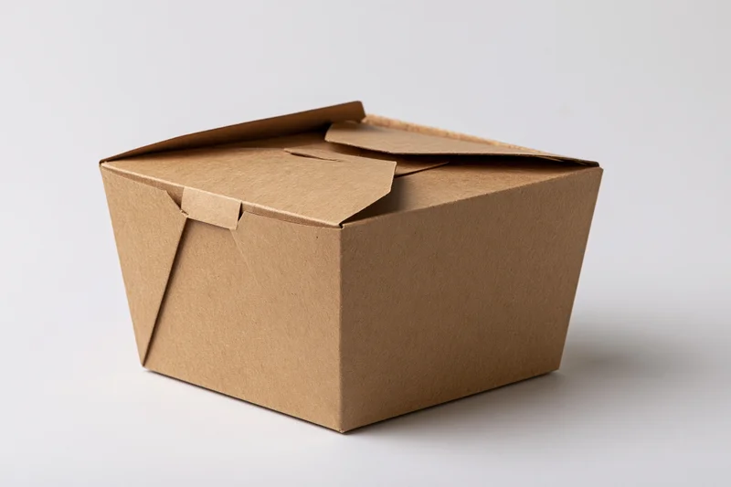 Open empty kraft cardboard takeout food box on white background