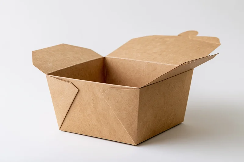 Open empty kraft cardboard takeout food box with lid propped upright on white background