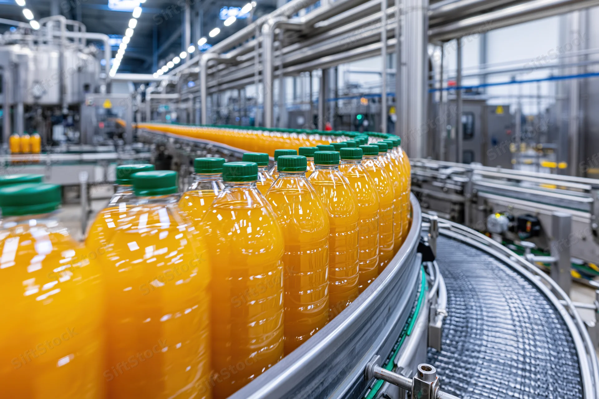 Orange juice bottles with green caps moving along a curved conveyor in a factory