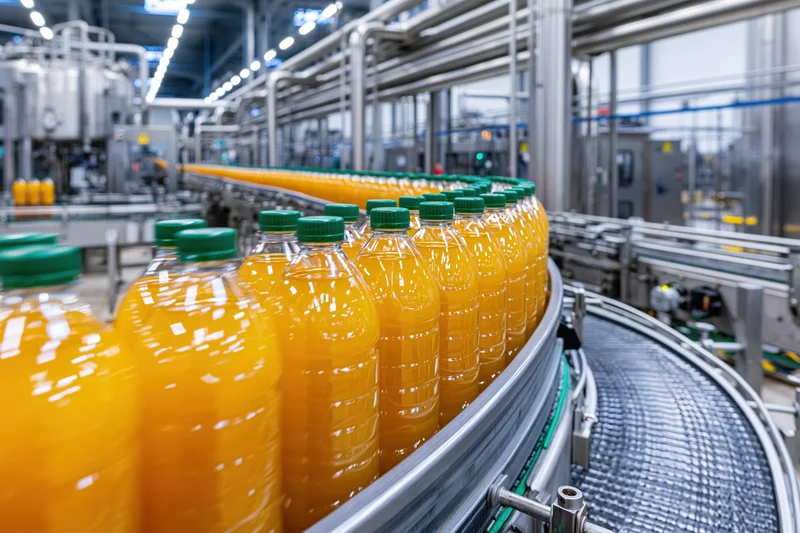 Orange juice bottles with green caps moving along a curved conveyor in a factory