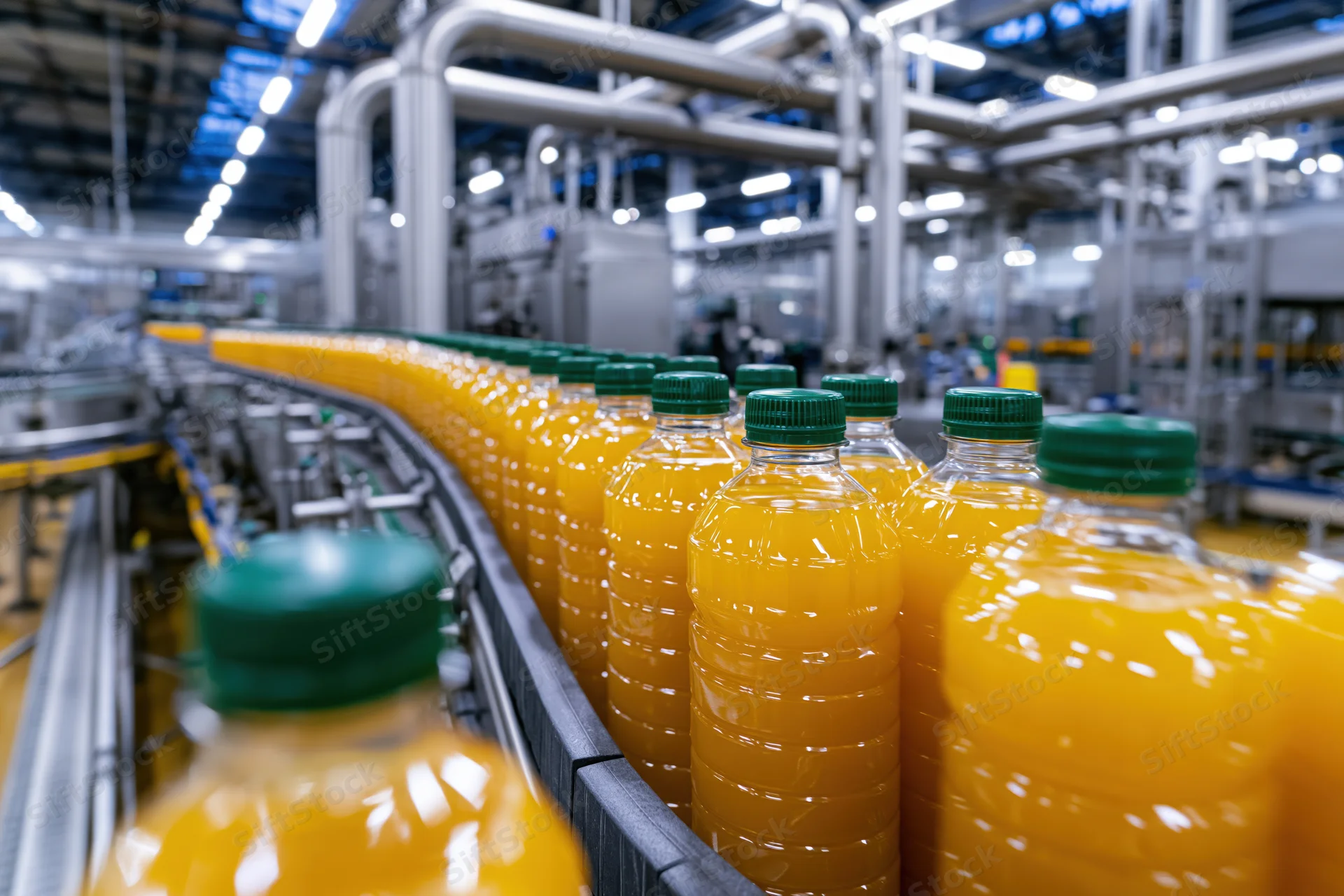 Orange juice bottles moving along a curved conveyor in a factory
