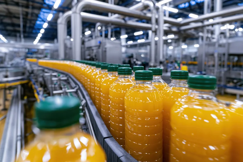 Orange juice bottles moving along a curved conveyor in a factory