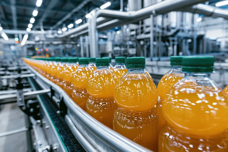Orange juice bottles with green caps moving along a curved conveyor in a factory