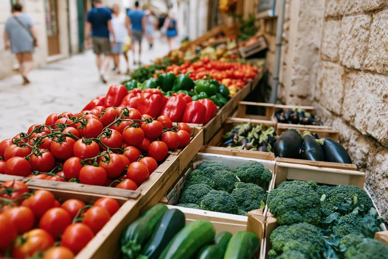 Fresh vegetables arranged in wooden crates at an outdoor market stall along a cobblestone street