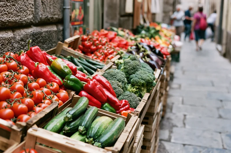 Fresh vegetables arranged in wooden crates at an outdoor italian market stall along a cobblestone street