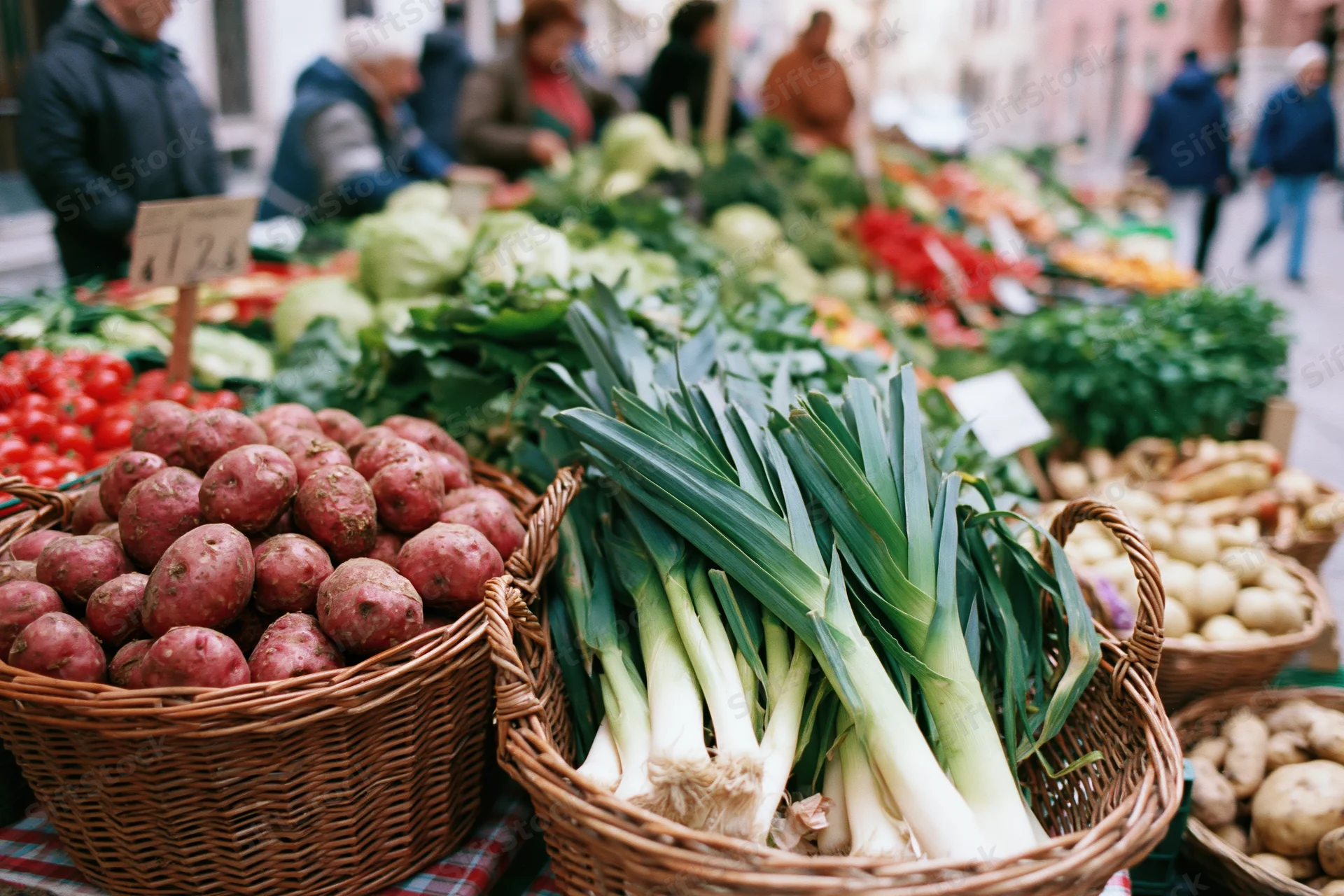 Baskets of fresh vegetables arranged on a market stall outdoors