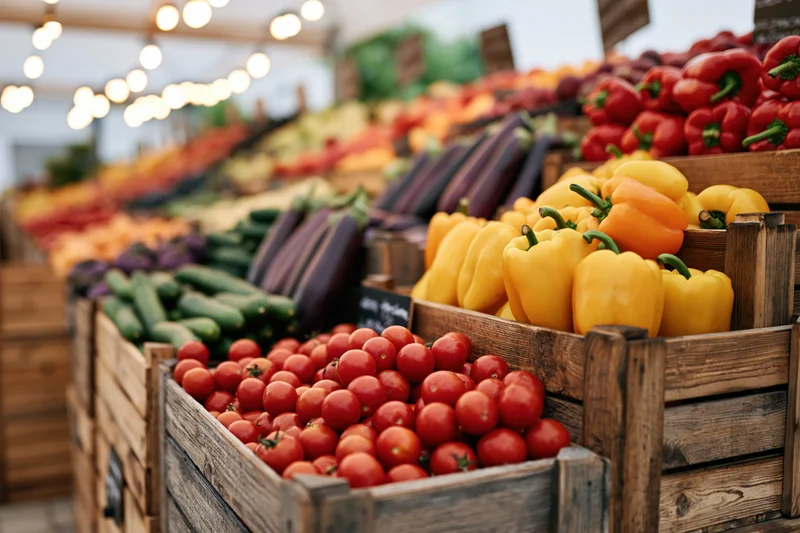 Wooden crates filled with fresh vegetables arranged in rows at an outdoor farmers market stall