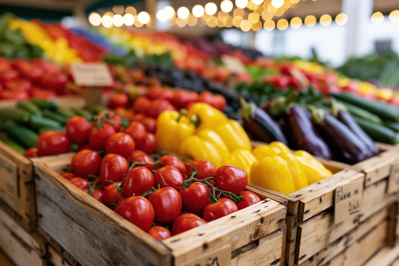 Fresh vegetables arranged in wooden crates at a farmers market stall