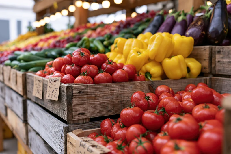 Tiered wooden crates filled with fresh tomatoes peppers cucumbers and eggplants at outdoor farmers market