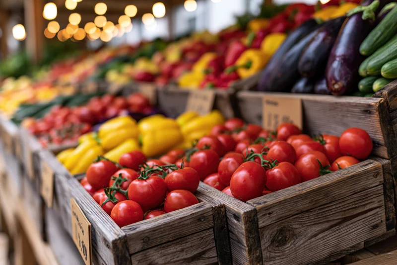 Tomatoes and other vegetables arranged in wooden crates at a farmers market stall