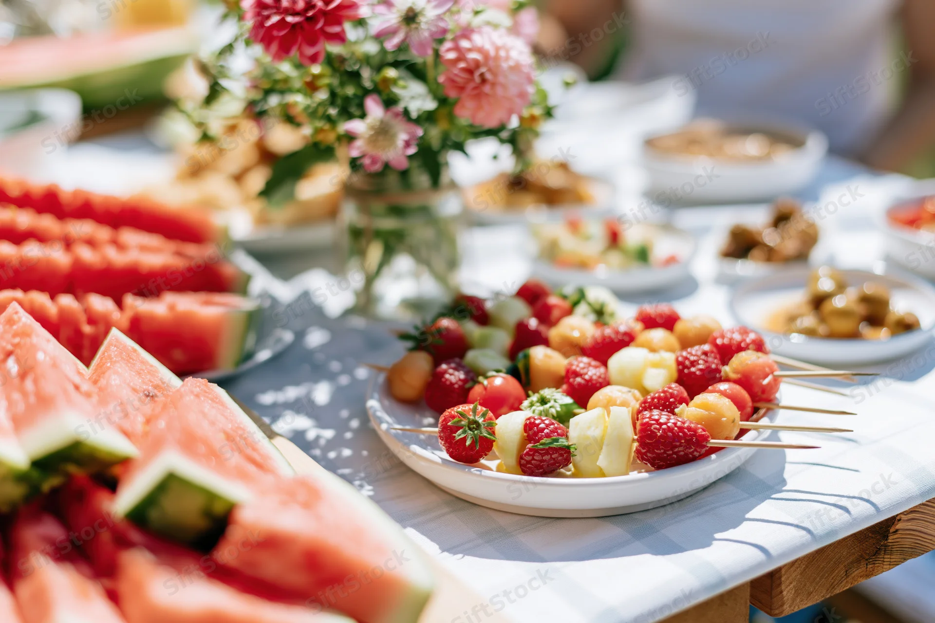 Fruit skewers and watermelon slices arranged on a garden dining table with flowers and checkered cloth