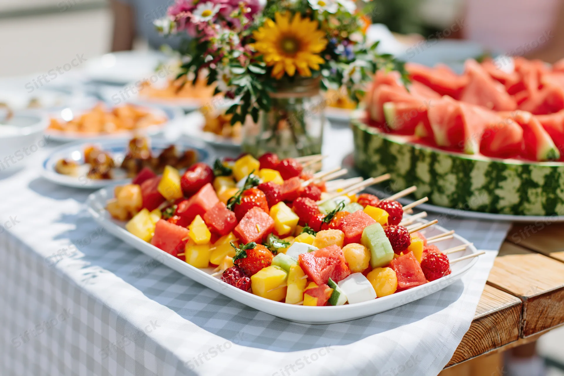 Fruit skewers arranged on a white platter on a checkered tablecloth at an outdoor garden dining table