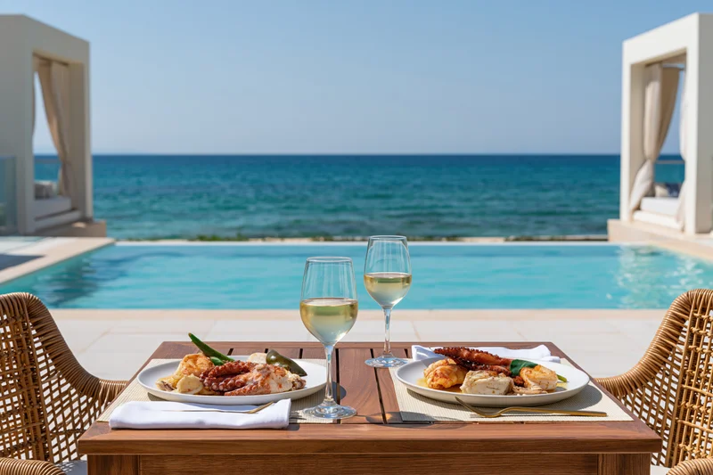 Dining table set for two with seafood and wine by a pool overlooking the ocean at a luxury beachfront resort