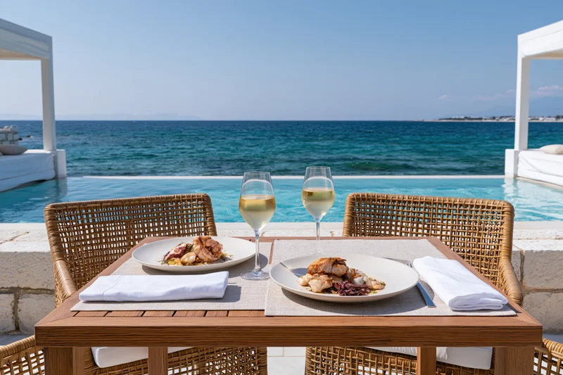 Table set for two with seafood and wine by an infinity pool overlooking the ocean at a luxury beachfront resort