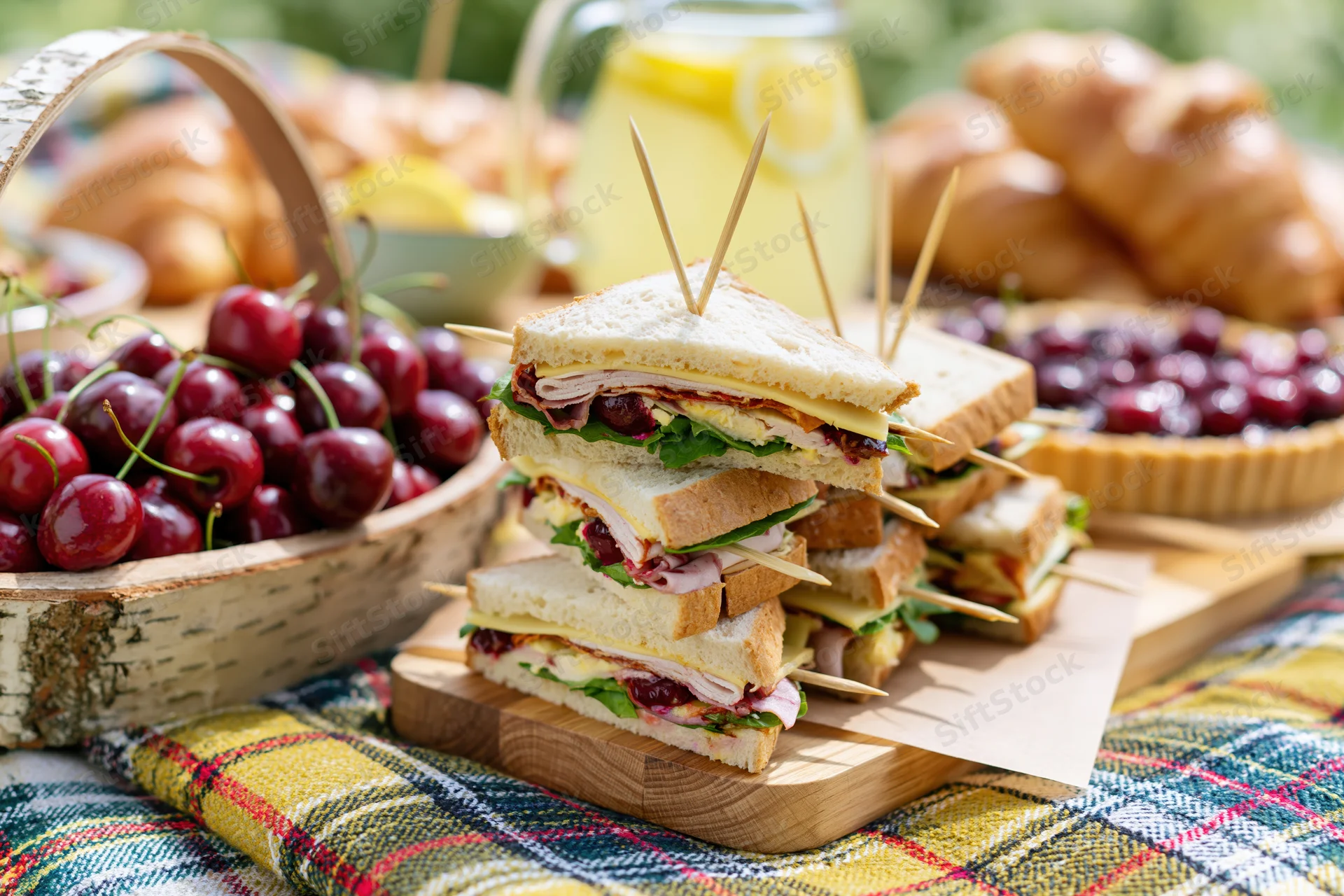 Stacked sandwiches with toothpicks on a wooden board on a plaid blanket with cherries, croissants and lemonade nearby