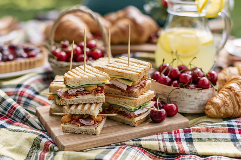 Grilled sandwiches stacked with toothpicks on a wooden board on a plaid blanket with cherries, croissants, and lemonade nearby