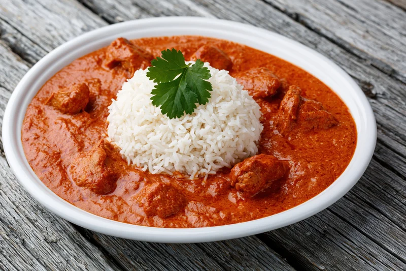 Butter chicken curry with rice and cilantro garnish on a white oval plate on wooden surface