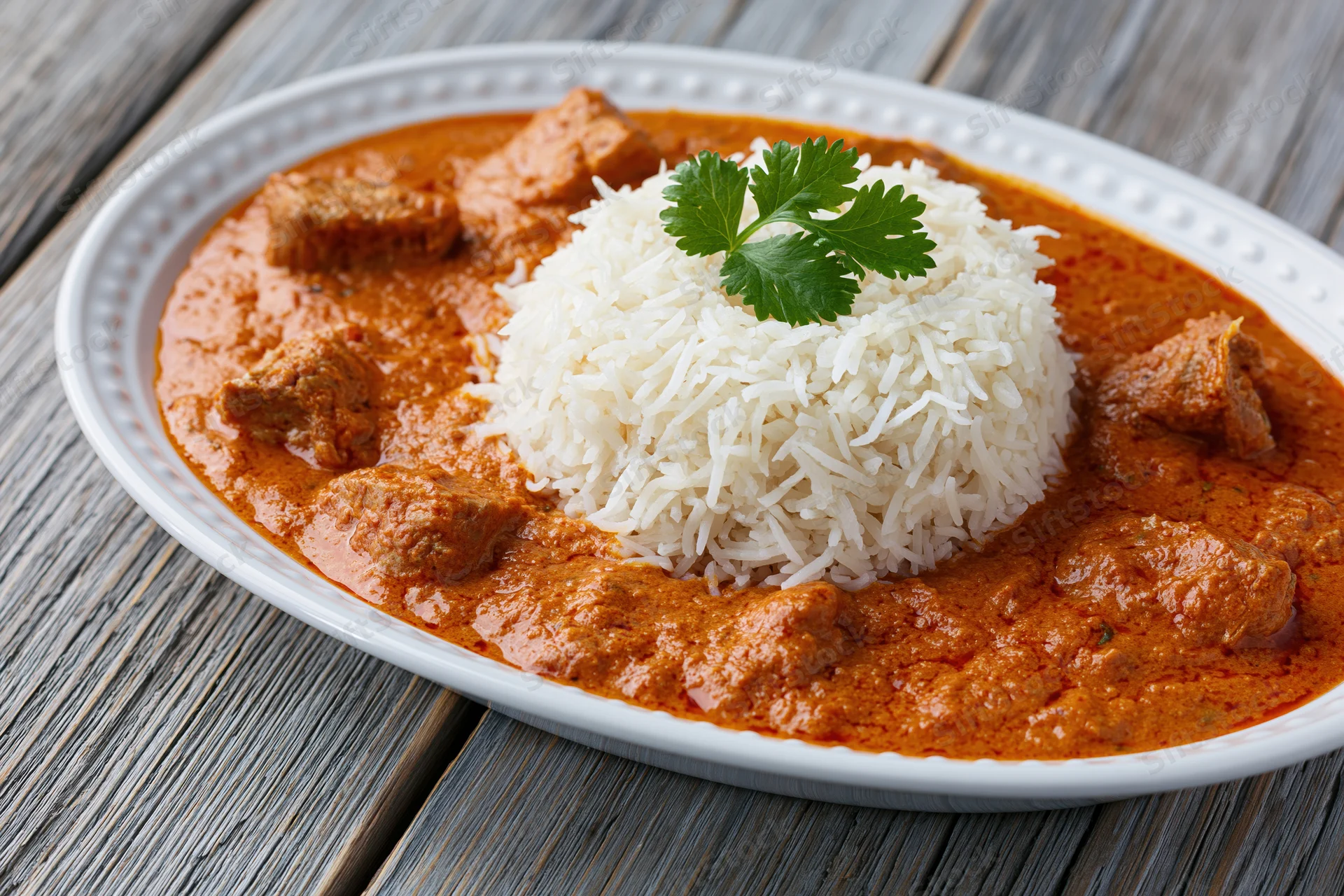 Butter chicken curry with rice on a white oval plate on a wooden table
