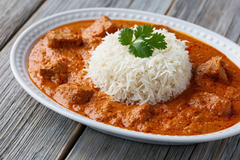 Butter chicken curry with rice on a white oval plate on a wooden table