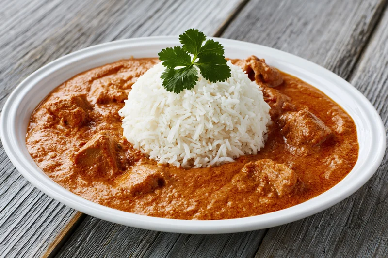 Butter chicken curry with white rice on a white oval plate on a wooden table