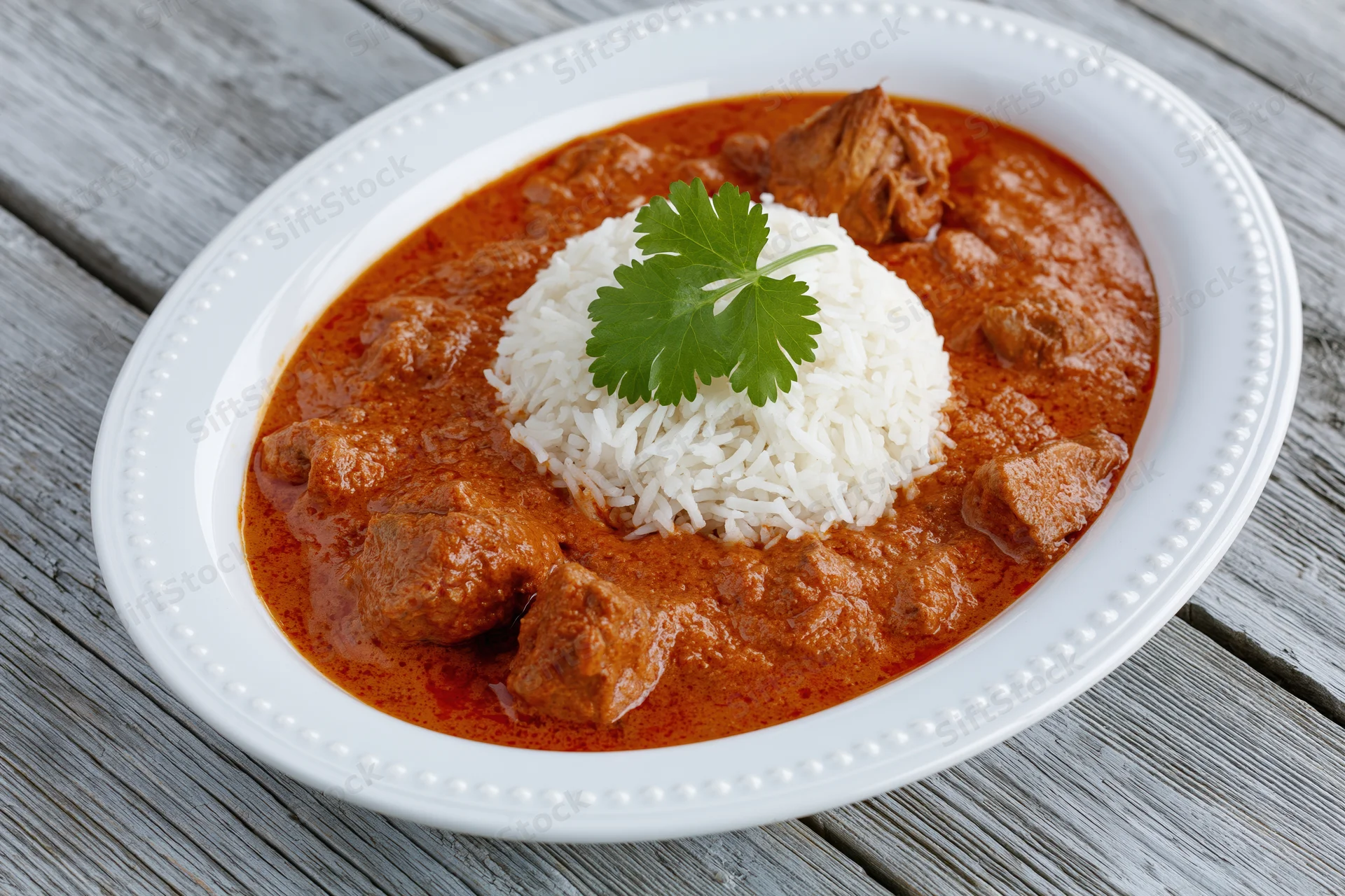Butter chicken curry with rice and cilantro garnish served on a white oval plate on a wooden table