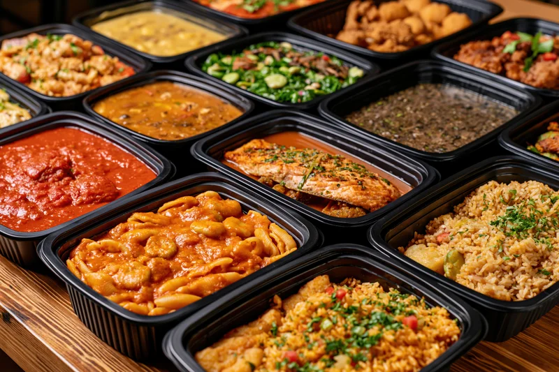 Overhead view of multiple black takeout containers filled with various meals arranged on a wooden table