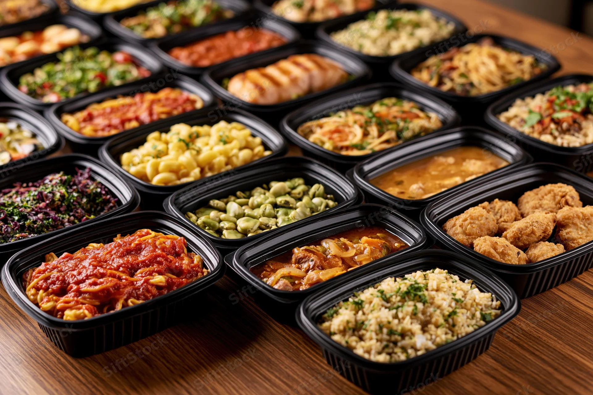 Variety of prepared meals in black plastic containers arranged on a wooden table