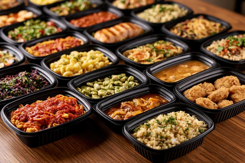 Variety of prepared meals in black plastic containers arranged on a wooden table