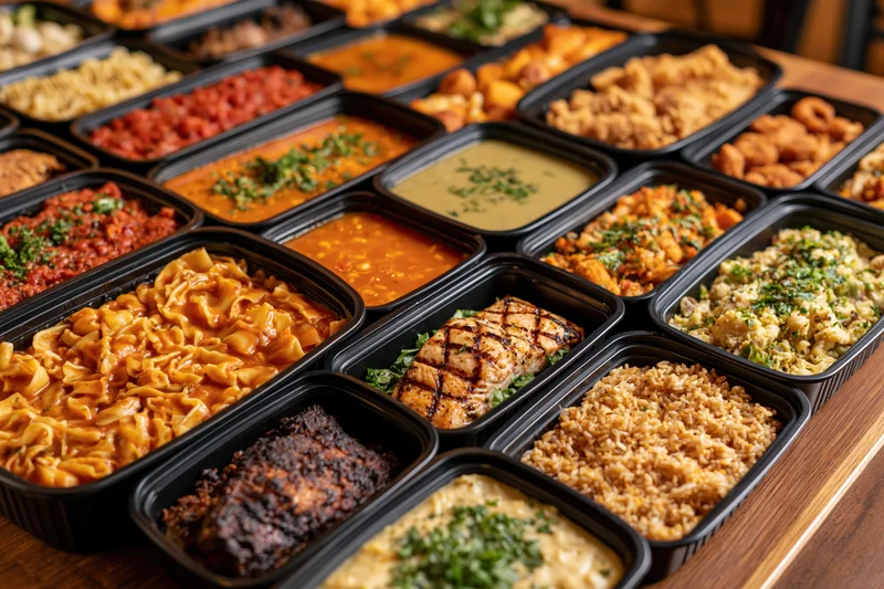 Variety of prepacked meals in black containers arranged on a wooden table
