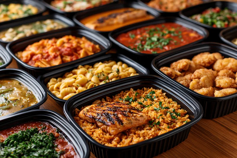 Multiple takeout meals in black plastic containers arranged on a wooden table