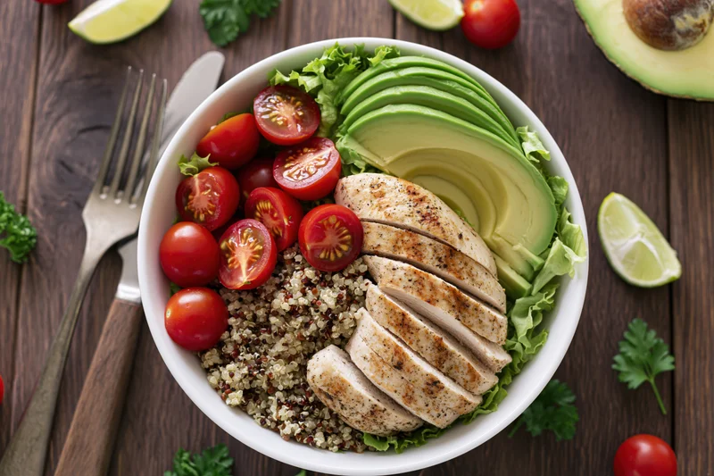 Overhead view of a white bowl filled with quinoa, sliced chicken, avocado, cherry tomatoes, and lettuce on a wooden table with cutlery and garnishes around
