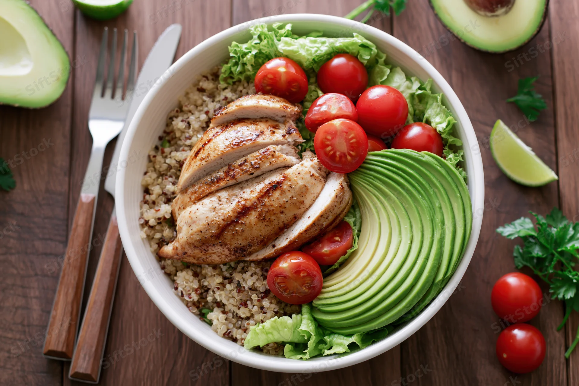 Overhead view of a white bowl filled with grilled chicken, sliced avocado, quinoa, cherry tomatoes and lettuce on a wooden table with fork and knife beside it
