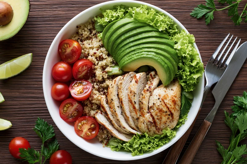 Overhead view of a white bowl filled with quinoa, grilled chicken, sliced avocado, cherry tomatoes, and lettuce on a wooden table with cutlery and herbs around
