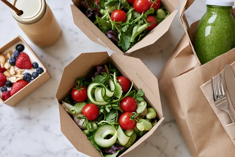 Salad in kraft paper takeout containers with smoothies and berries on marble surface