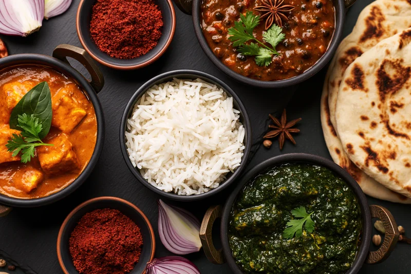 Overhead flat-lay of indian meal with paneer curry, rice, naan, and spices arranged on dark surface