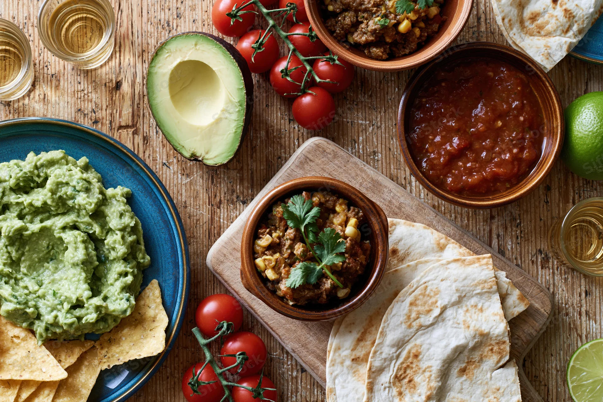Overhead flat-lay of mexican food spread on a worn wooden table with guacamole, tortillas, salsa, tomatoes, lime, and chips