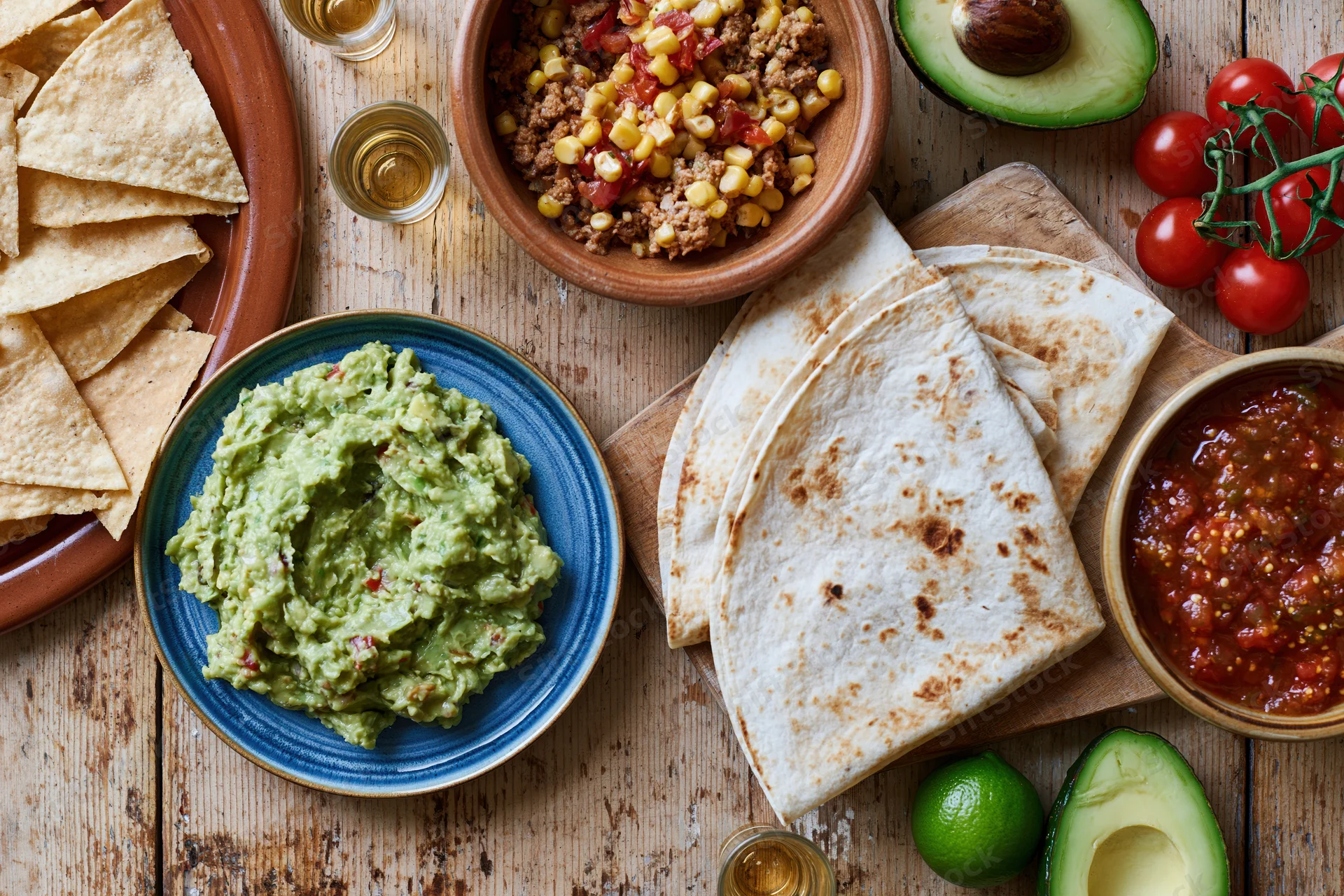 Overhead flat-lay of mexican food spread on a worn wooden table featuring guacamole, tortillas, salsa, and chips