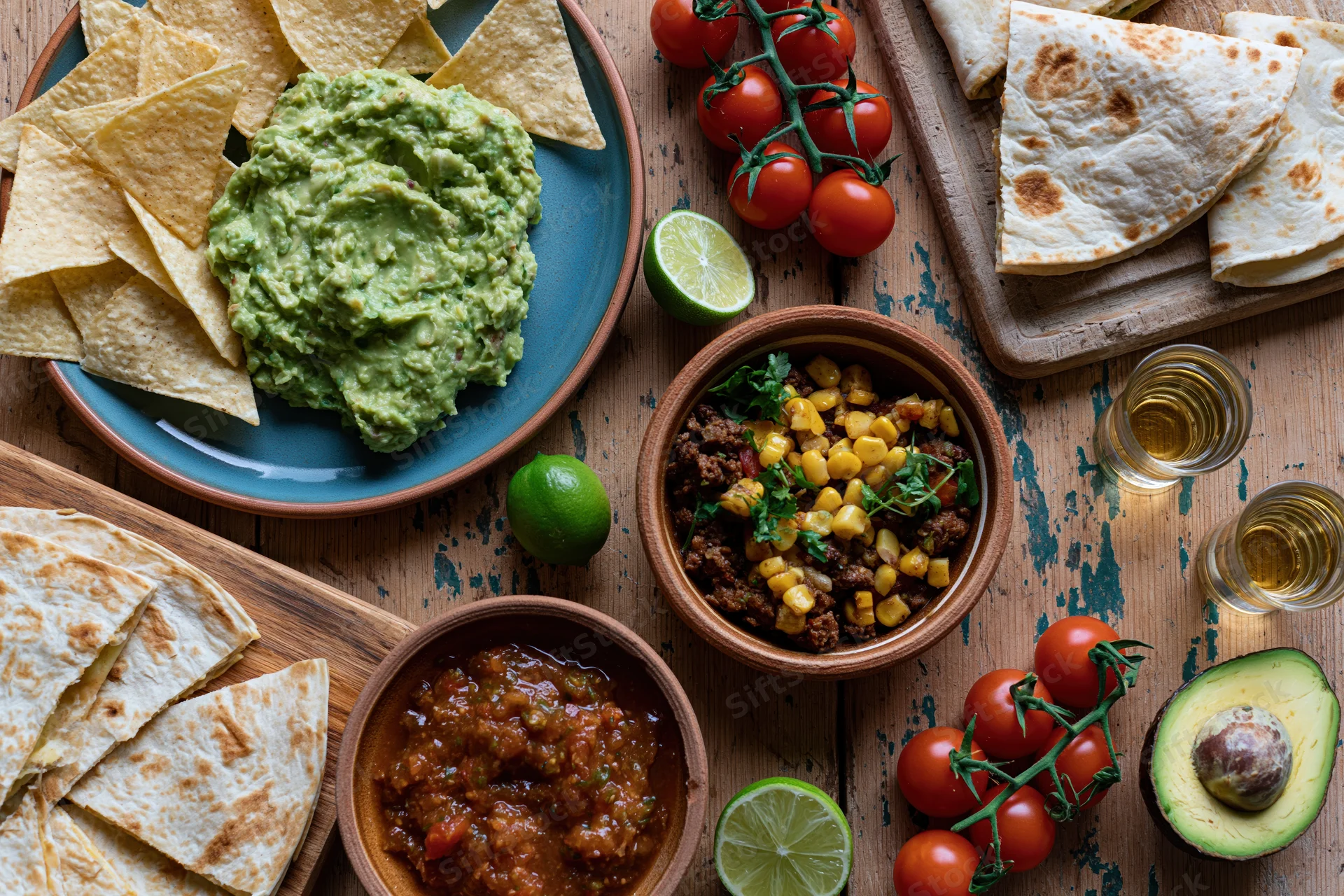 Overhead flat-lay of mexican food spread on a worn wooden table with guacamole, tortilla chips, salsa, corn beef mix, tomatoes, limes, and avocado