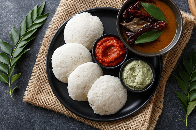 Overhead flat-lay of south indian idli breakfast with sambar and chutneys on a black plate over burlap cloth