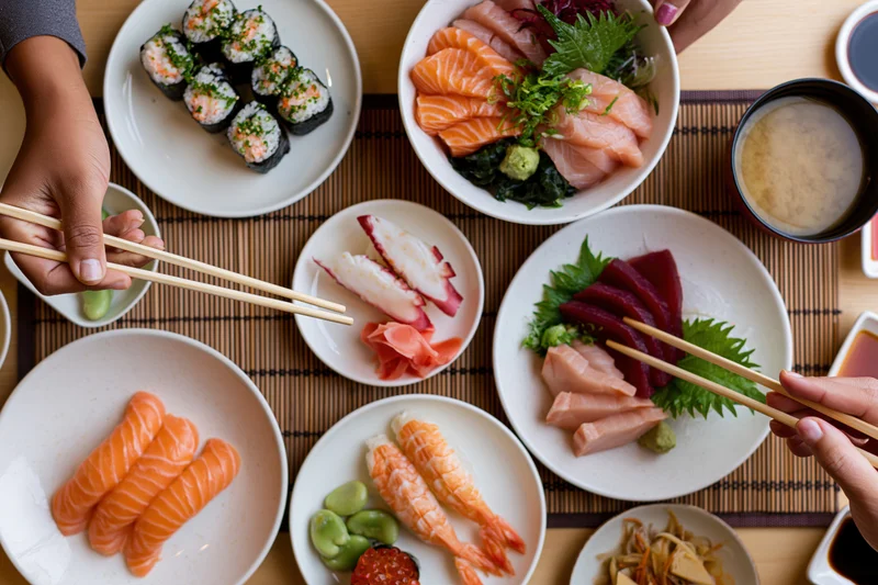 Hands using chopsticks to pick sushi and sashimi from a spread of dishes on a bamboo mat at a Japanese restaurant table