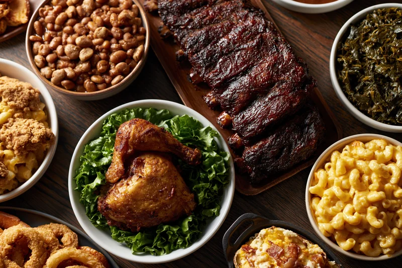 Overhead flat-lay of a southern barbecue spread with ribs, mac and cheese, collard greens, baked beans, fried chicken, and onion rings on a dark wooden table