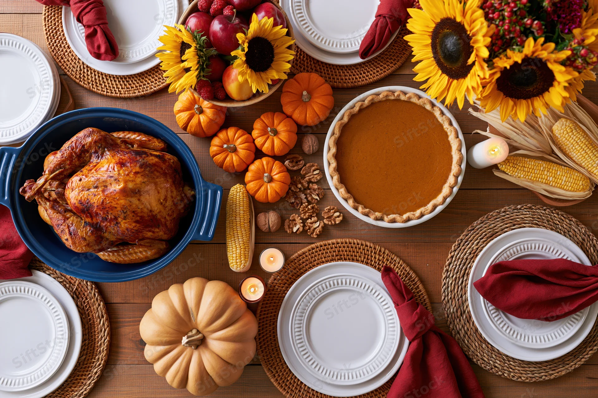 Overhead view of a thanksgiving dinner table set with turkey, pumpkin pie, corn, and autumn decorations on a wooden surface
