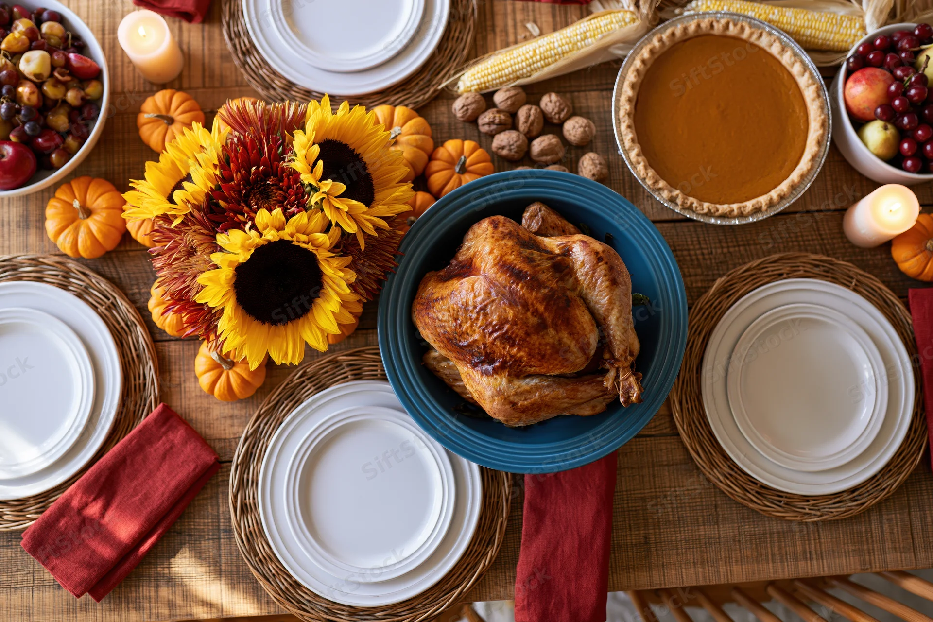 Overhead view of thanksgiving dinner table with roasted turkey, pumpkin pie, corn, sunflowers, and place settings arranged on wooden surface