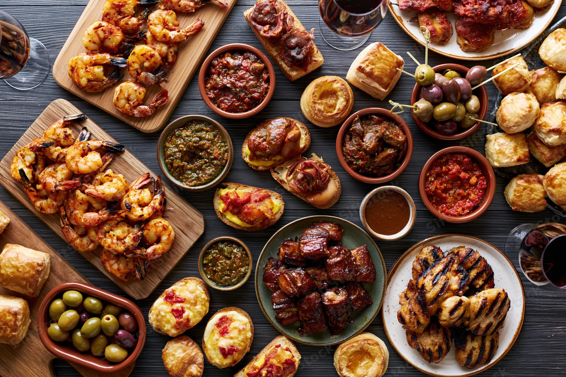 Overhead view of a spanish tapas spread with grilled shrimp, pork, olives, bread, and sauces arranged on a dark wooden table