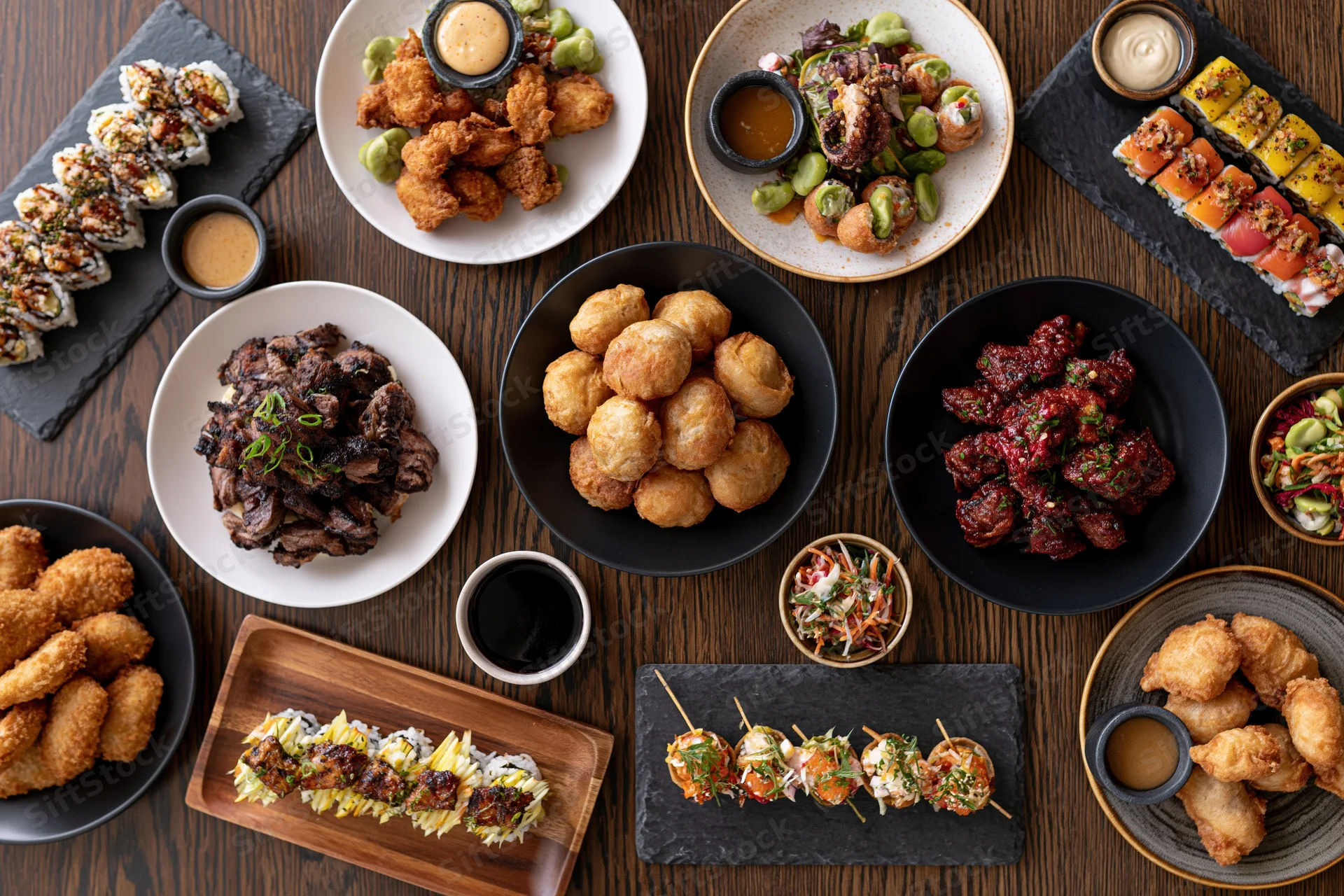 Overhead flat-lay of a restaurant table filled with various dishes including sushi, tempura, skewers and sauces arranged on plates and slate boards