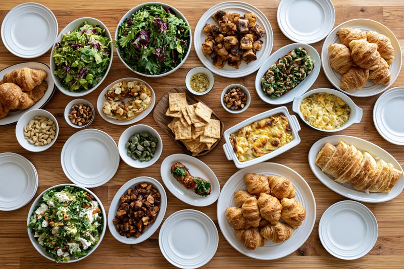 Overhead view of a wooden dining table covered with various dishes including croissants, salads, cheese, nuts, and crackers arranged for a meal
