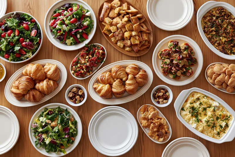 Overhead view of a wooden table covered with various dishes including salads, croissants, and appetizers arranged for a shared meal