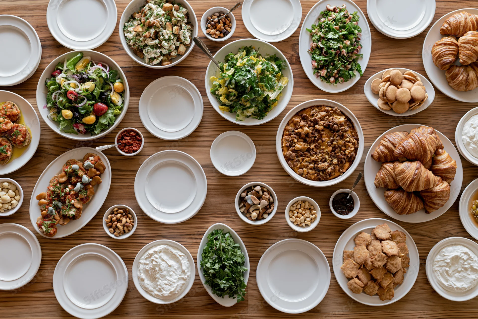 Overhead view of a wooden dining table set with multiple dishes of salad, croissants, desserts, and garnishes arranged for a meal