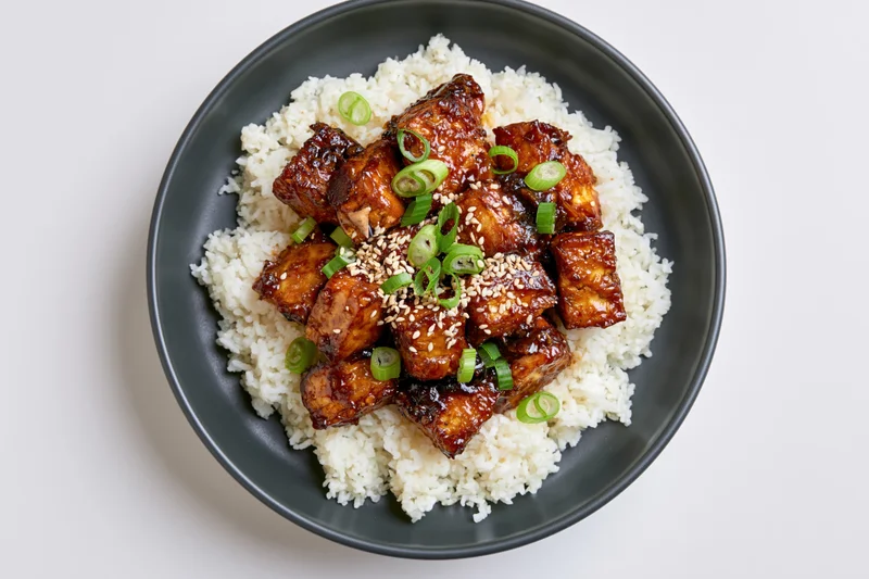 Teriyaki chicken with sesame and scallions served over white rice on a dark matte ceramic plate in overhead flat lay view